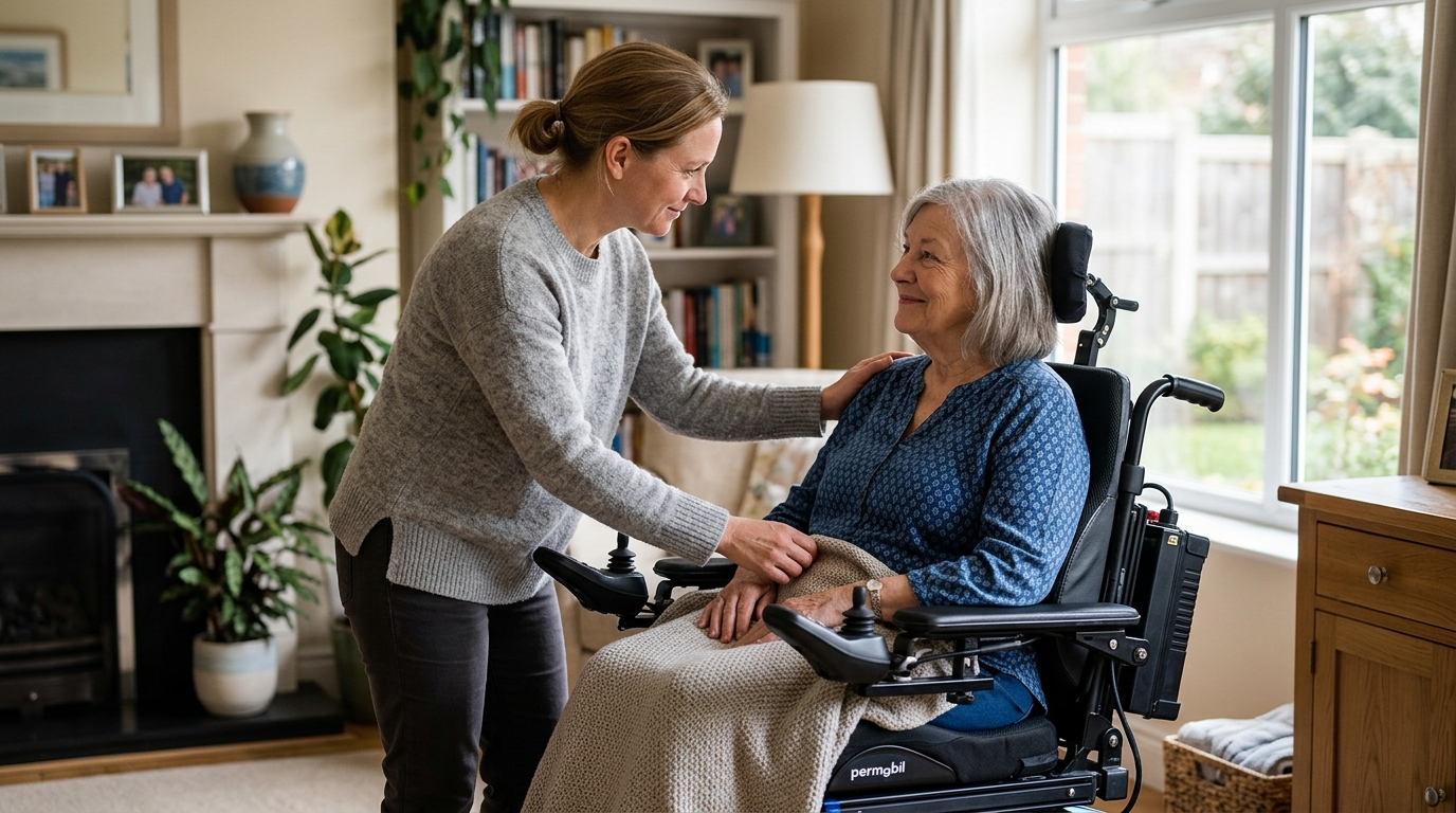 Family member gently supporting a loved one using a power wheelchair at home.