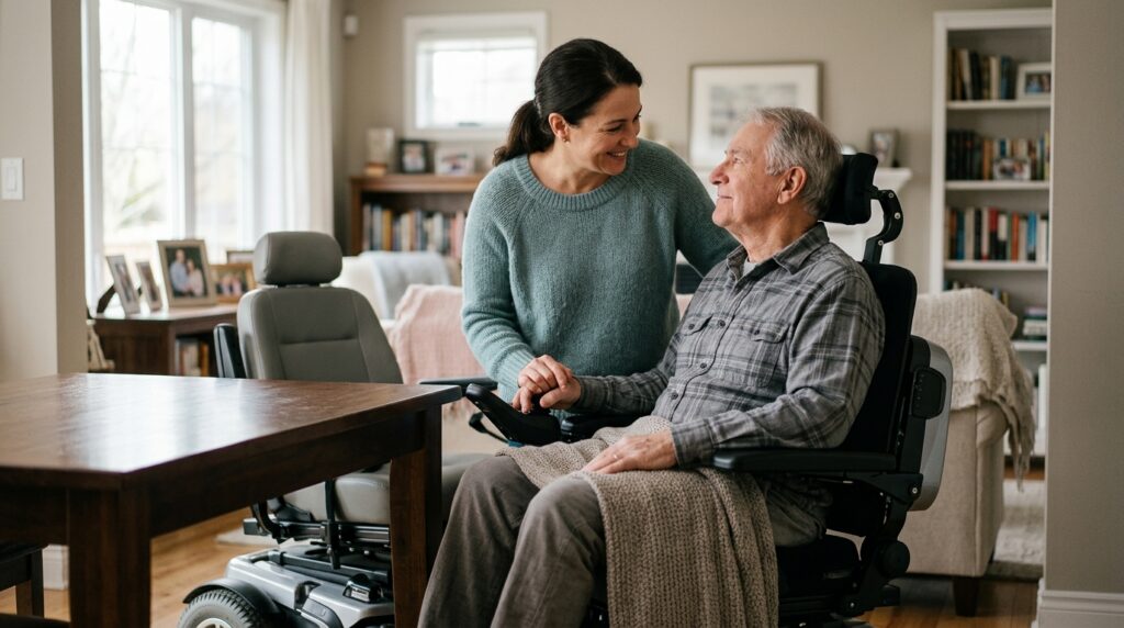 Family member gently supporting a loved one using a power wheelchair at home.