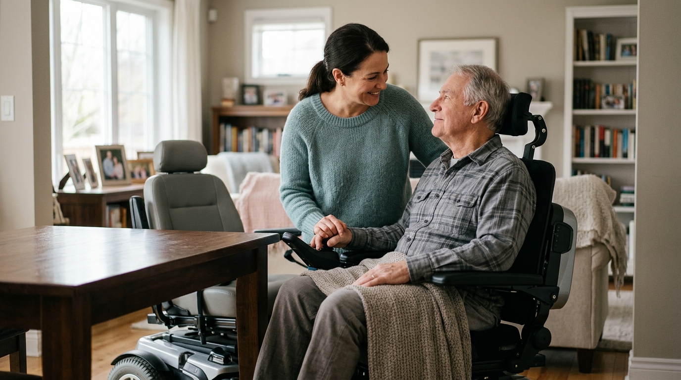 Family member gently supporting a loved one using a power wheelchair at home.