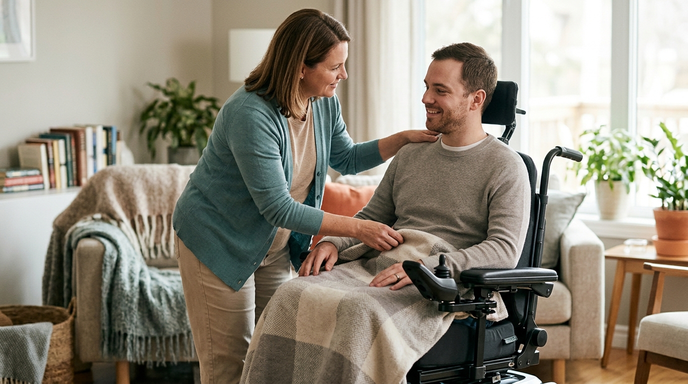 Family member gently supporting a loved one using a power wheelchair at home.