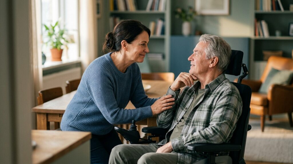 Family member gently supporting a loved one using a power wheelchair at home.