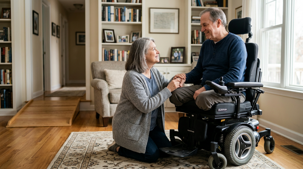 Family member gently supporting a loved one using a power wheelchair at home.