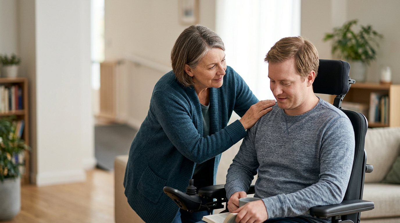 Family member gently supporting a loved one using a power wheelchair at home.
