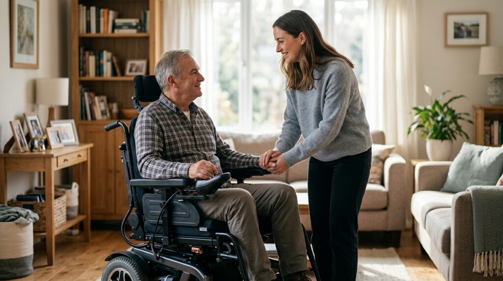 Family member gently supporting a loved one using a power wheelchair at home.