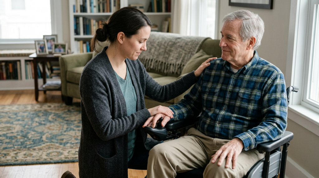 Family member gently supporting a loved one using a power wheelchair at home.