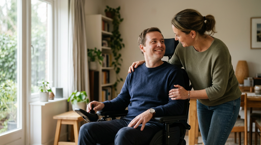 Family member gently supporting a loved one using a power wheelchair at home.