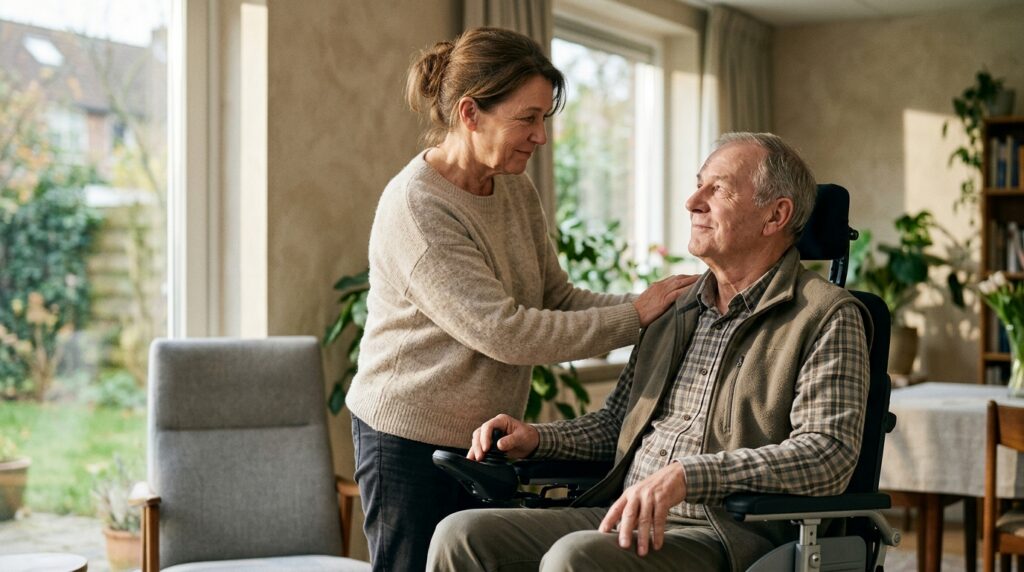 Family member gently supporting a loved one using a power wheelchair at home.