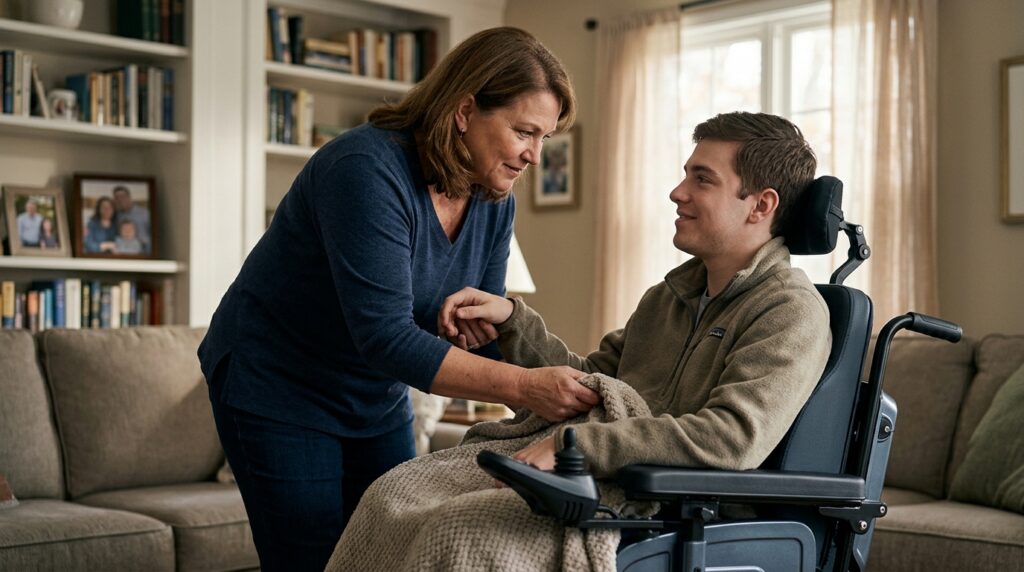 Family member gently supporting a loved one using a power wheelchair at home.