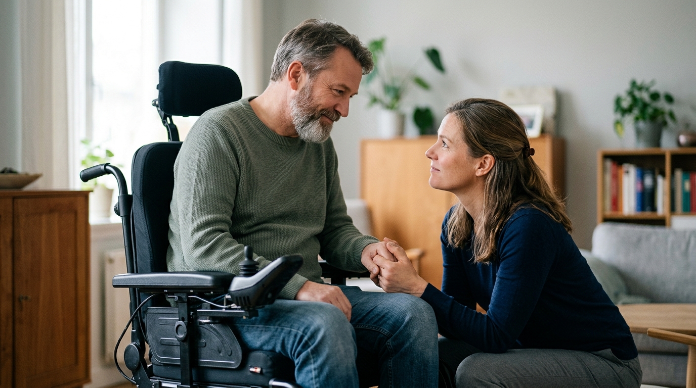 Family member gently supporting a loved one who uses a power wheelchair at home.