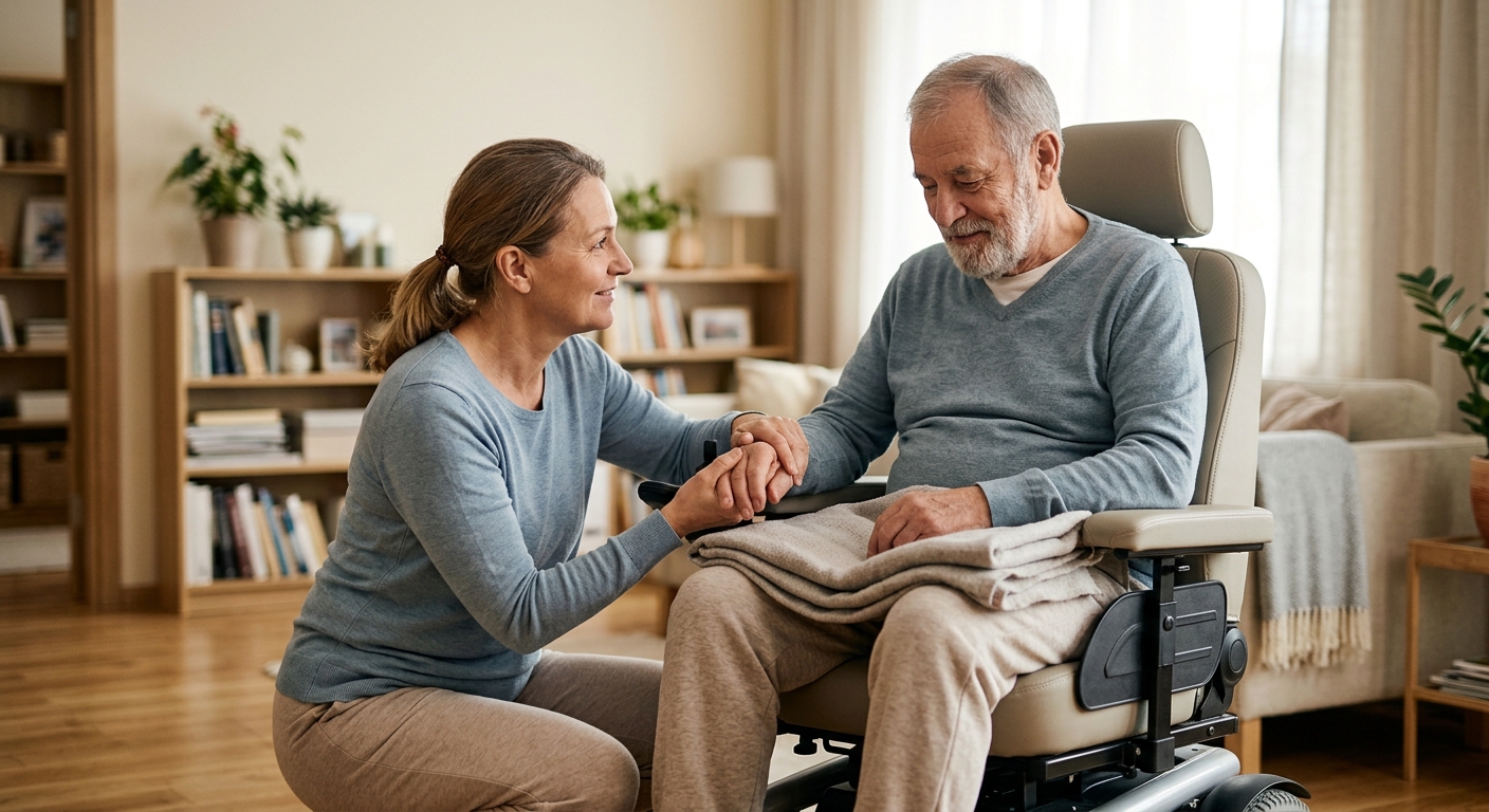Family member gently supporting a relative using a power wheelchair at home.