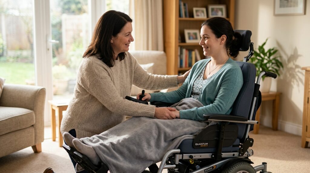 Family member supporting a loved one using a power wheelchair at home.