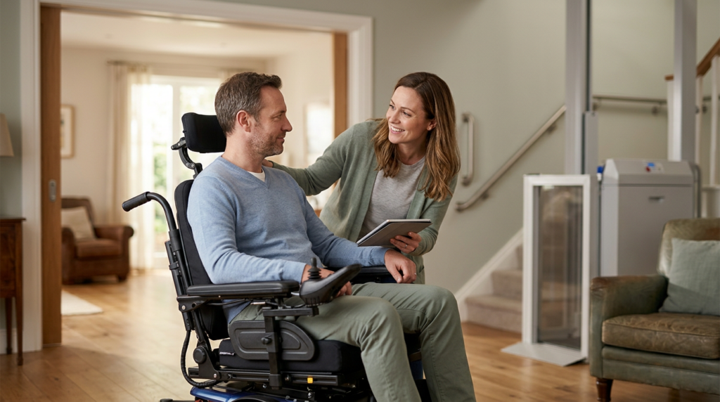 Family member supporting a loved one using a power wheelchair at home.