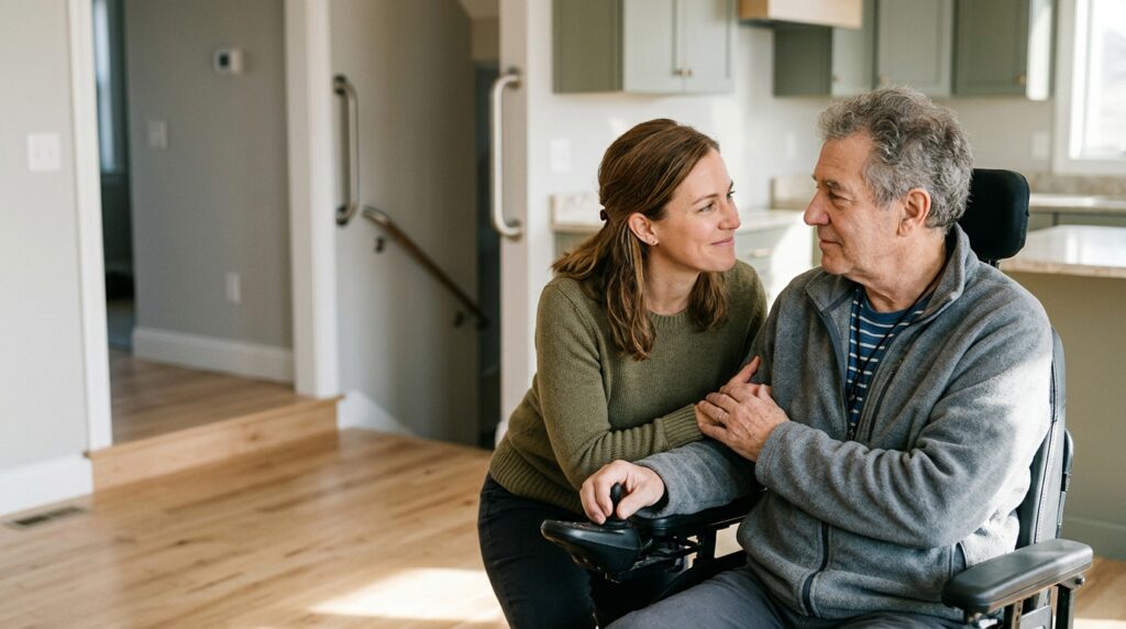 Family member supporting a loved one using a power wheelchair at home.