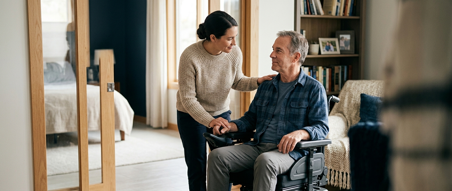 Family member supporting a loved one using a power wheelchair in an accessible home.