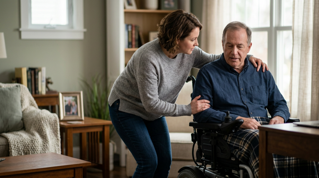 Family member tenderly supporting a loved one using a power wheelchair at home.