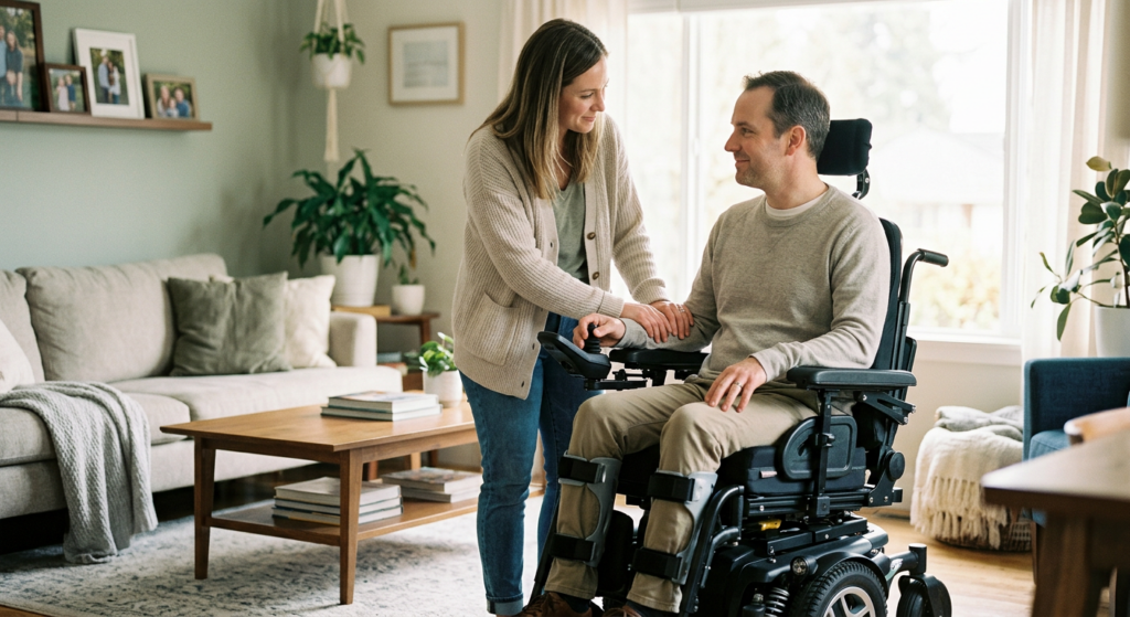 Family member tenderly supporting a loved one using a power wheelchair at home.