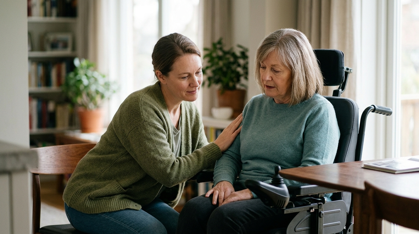 Family member tenderly supporting a loved one using a power wheelchair at home.