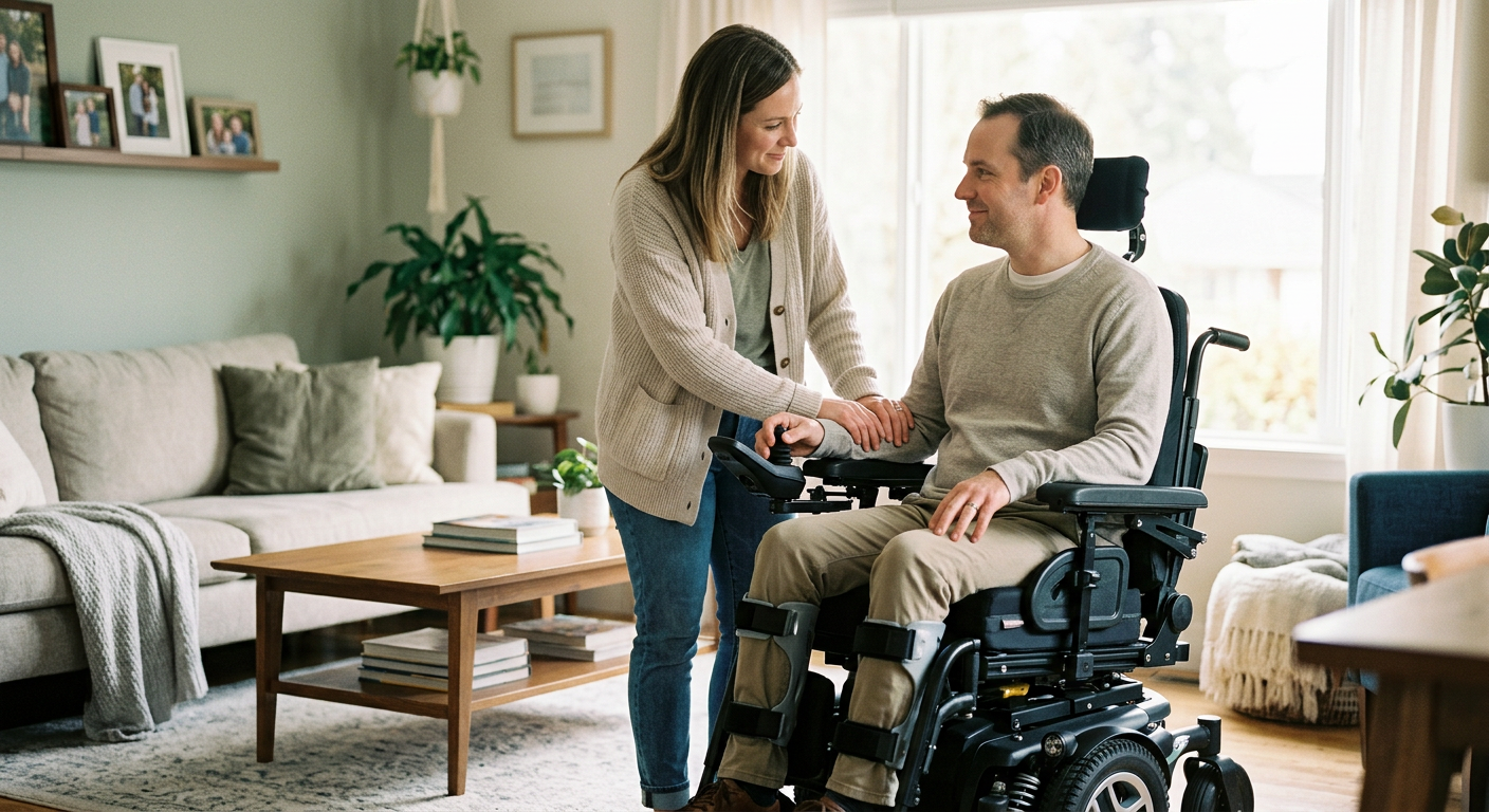 Family member tenderly supporting a loved one using a power wheelchair at home.