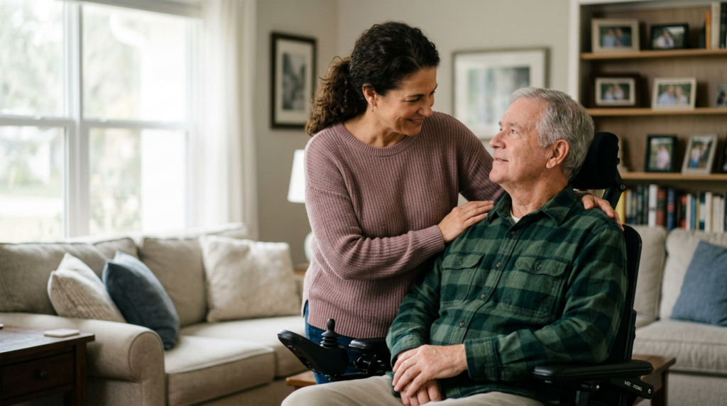 Family member tenderly supporting a loved one using a power wheelchair at home.
