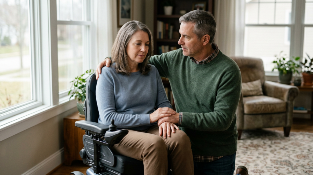 Family member tenderly supporting a loved one using a power wheelchair at home.