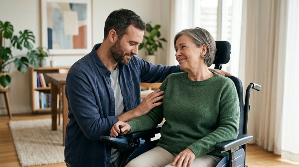 Family member tenderly supporting a loved one using a power wheelchair at home.