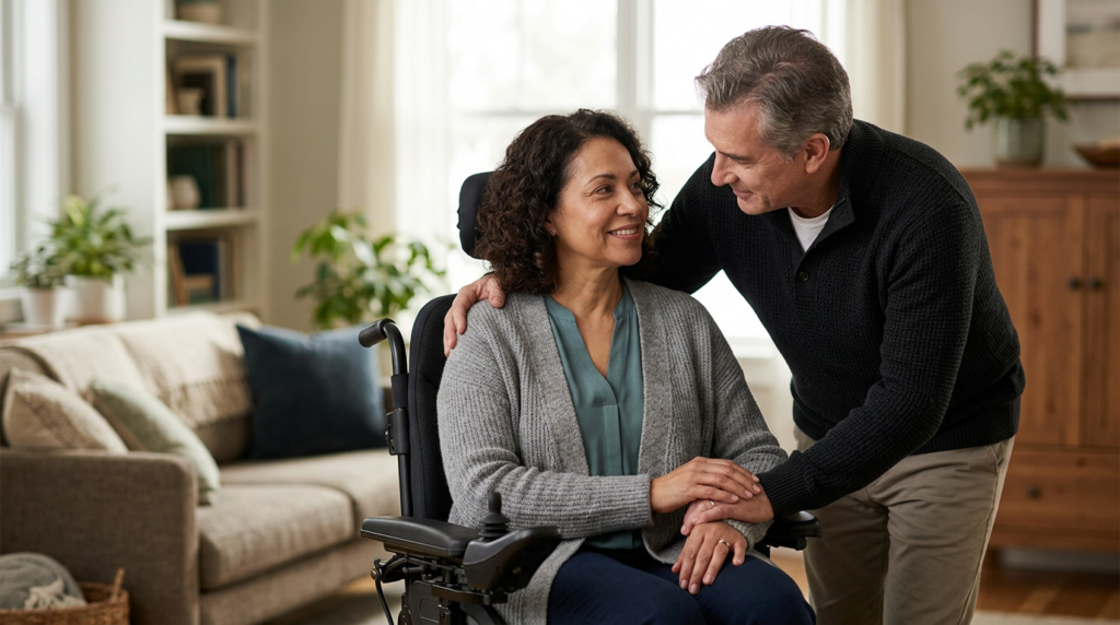 Family member tenderly supporting a loved one using a power wheelchair at home.
