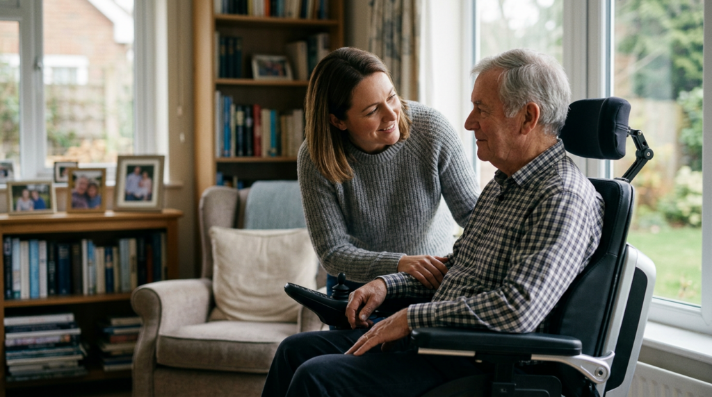 Family member tenderly supporting a loved one using a power wheelchair at home.