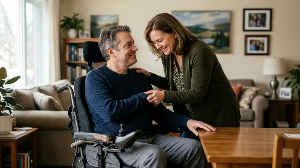 Family member tenderly supporting a loved one using a power wheelchair at home.