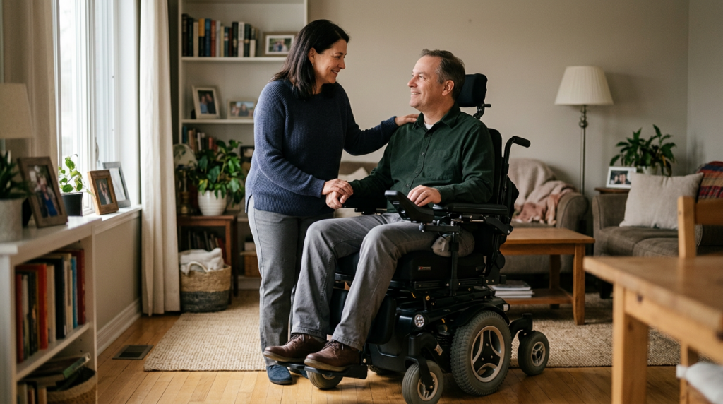 Family member tenderly supporting a loved one using a power wheelchair at home.