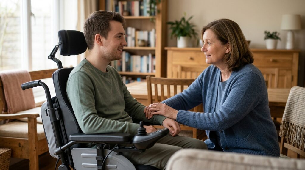 Family member tenderly supporting a loved one using a power wheelchair at home.