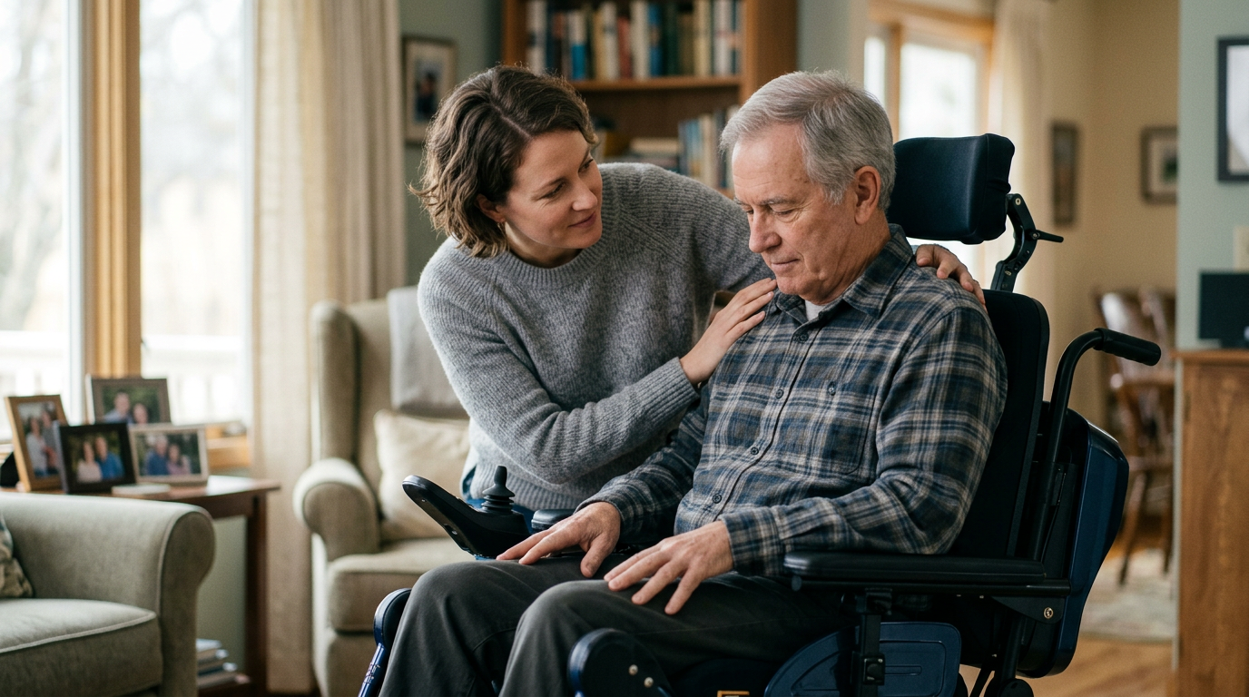 Family member tenderly supporting a loved one using a power wheelchair at home.
