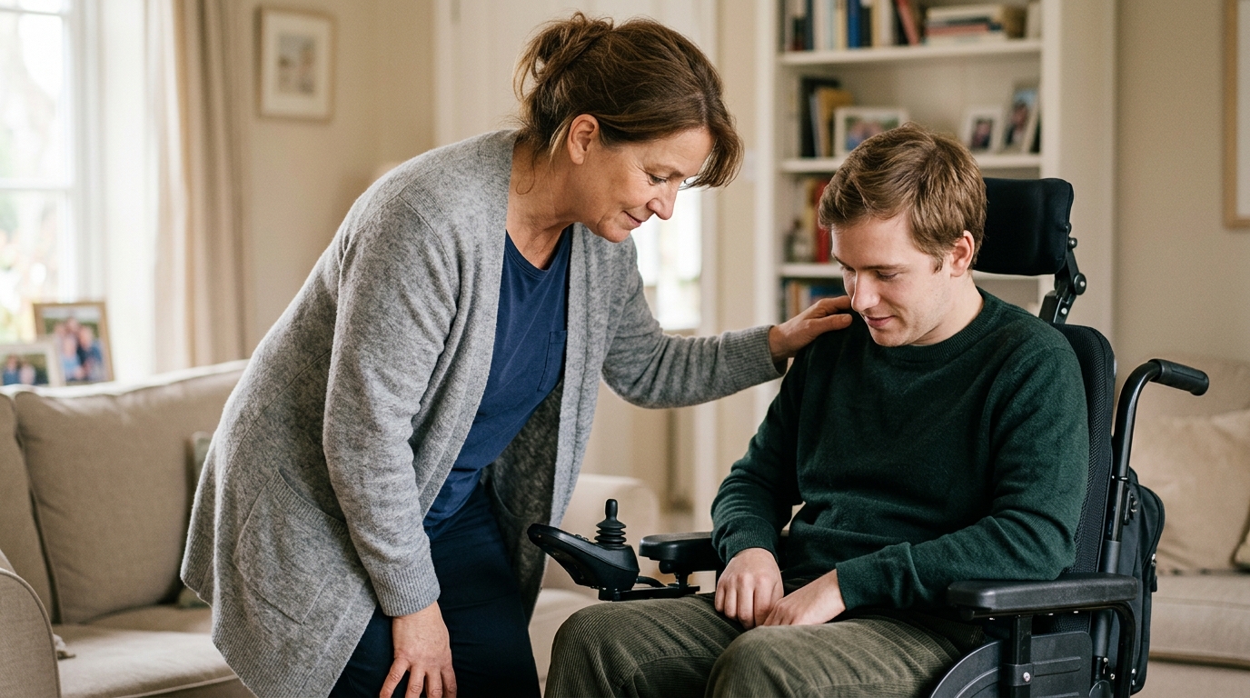 Family member tenderly supporting a loved one using a power wheelchair at home.