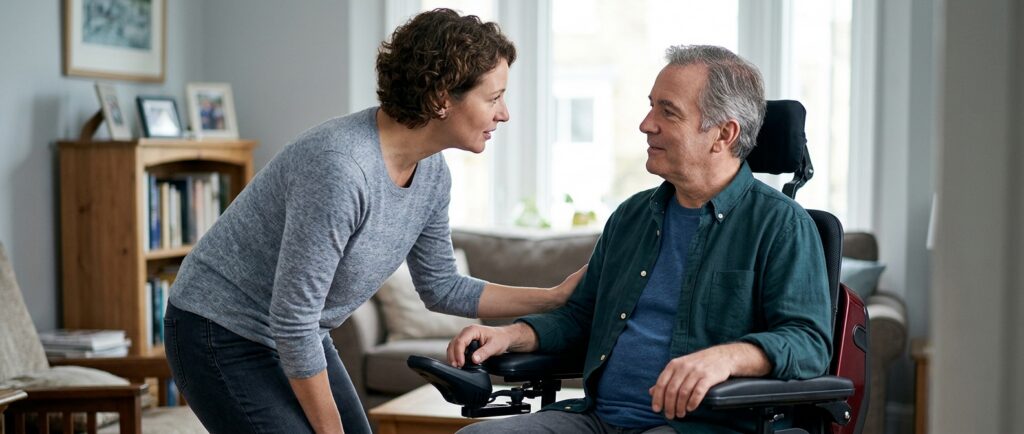Family member tenderly supporting a loved one using a power wheelchair at home.