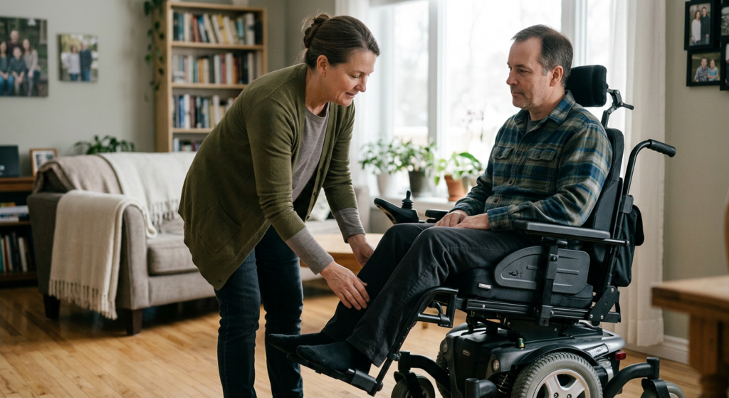 Family member tenderly supporting a loved one using a power wheelchair at home.
