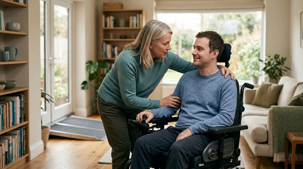 Family member tenderly supporting a loved one using a power wheelchair at home.