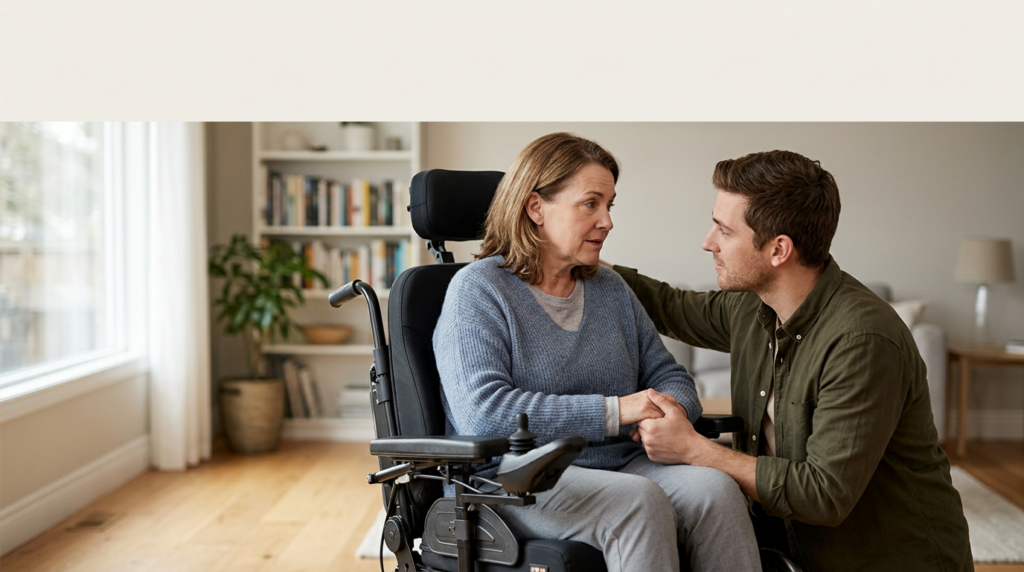 Family member tenderly supporting a loved one using a power wheelchair at home.