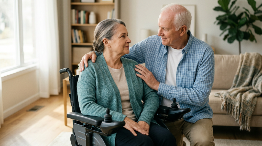 Family member tenderly supporting a loved one using a power wheelchair at home.