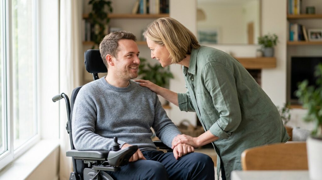 Family member tenderly supporting a loved one using a power wheelchair at home.