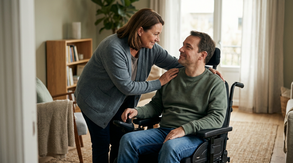 Family member tenderly supporting a loved one using a power wheelchair at home.