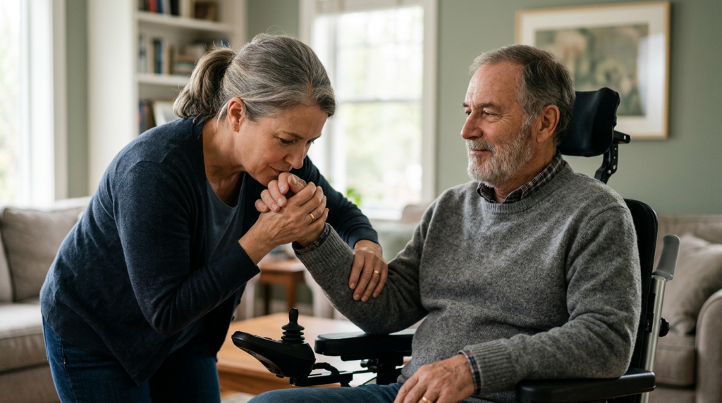 Family member tenderly supporting a loved one using a power wheelchair at home.