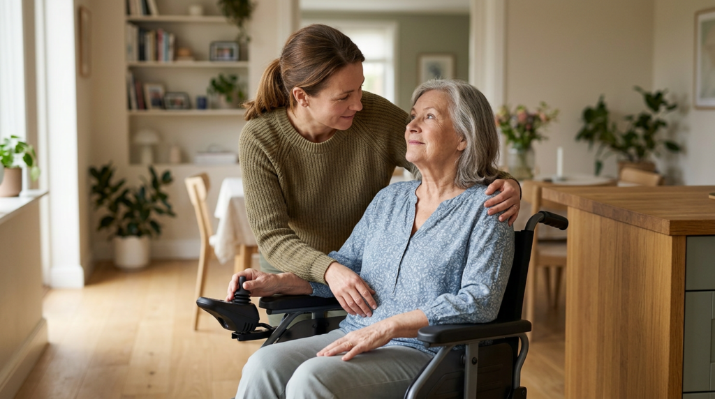 Family member tenderly supporting a loved one who uses a power wheelchair at home.