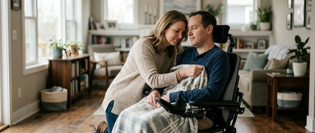 Family member tenderly supporting a loved one who uses a power wheelchair at home.