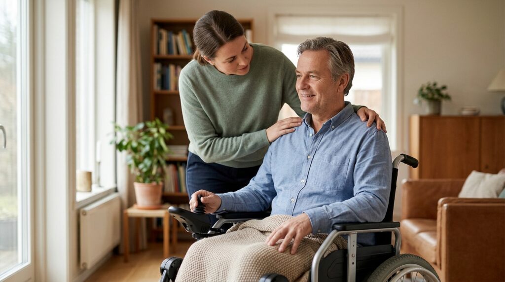 Family member tenderly supporting a loved one who uses a power wheelchair at home.