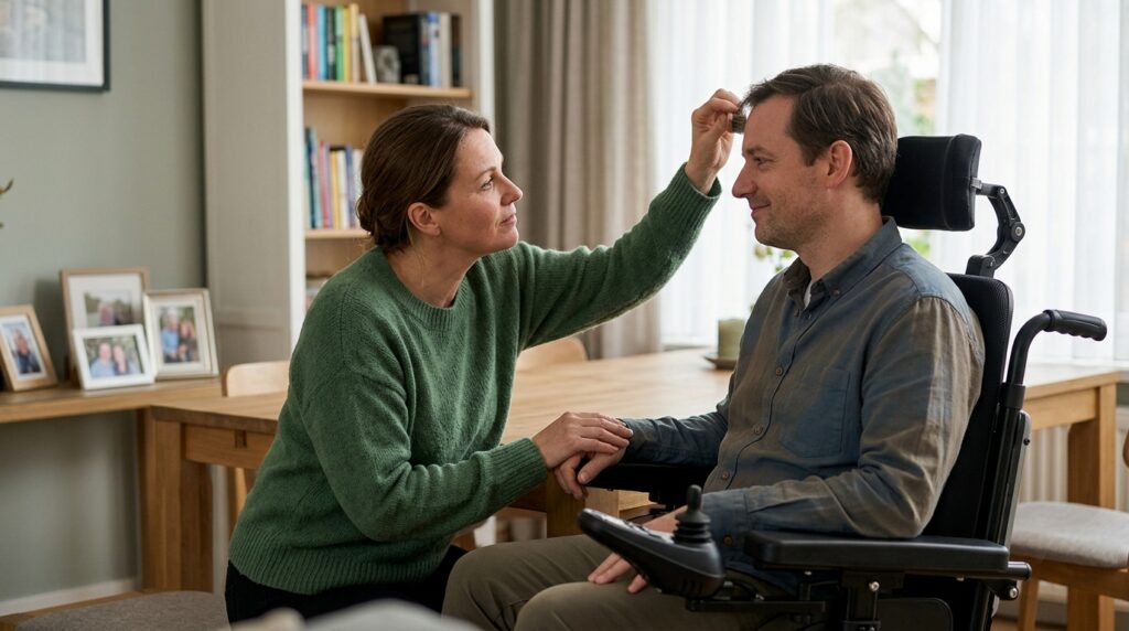 Family member tenderly supporting a loved one who uses a power wheelchair at home.