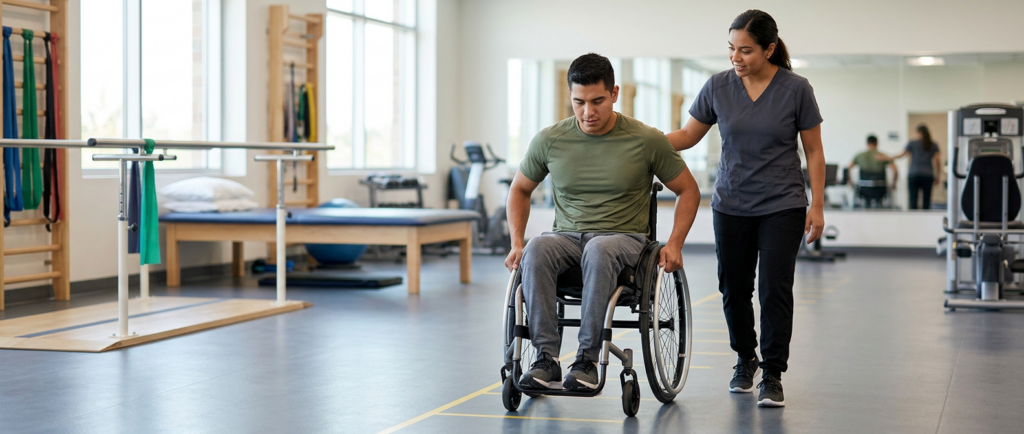 Fisioterapeuta asiste a joven en silla de ruedas durante rehabilitación en un gimnasio especializado.