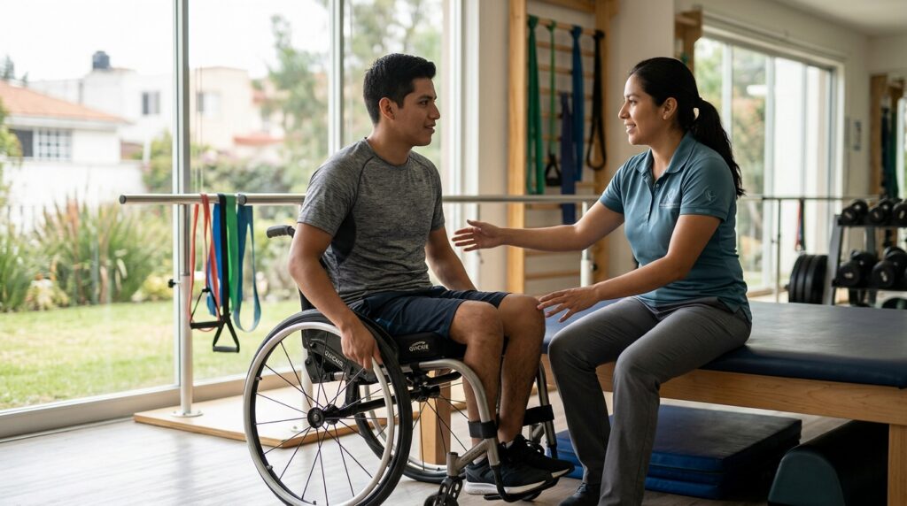 Fisioterapeuta asiste a un joven en silla de ruedas durante su rehabilitación en el gimnasio.