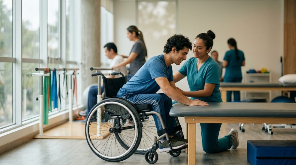 Fisioterapeuta asiste a un joven en silla de ruedas durante rehabilitación en un gimnasio.