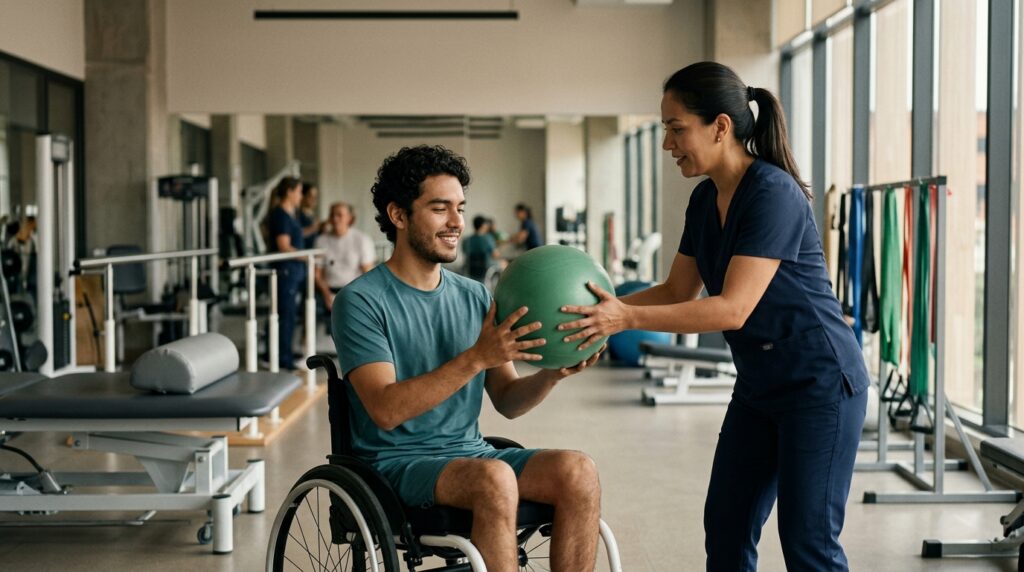 Fisioterapeuta latina asiste a joven en silla de ruedas durante rehabilitación en gimnasio.