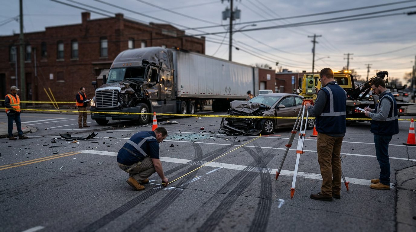Forensic team documenting skid marks and vehicle positions at accident scene after collision.