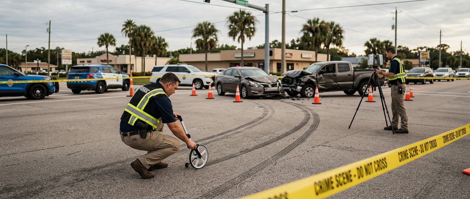 Forensic team documenting skid marks and vehicle positions at accident scene intersection.